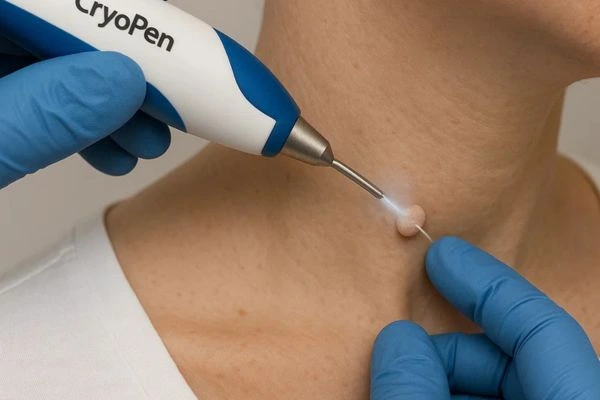 Person receiving cryotherapy Enfield Lock for skin tag removal