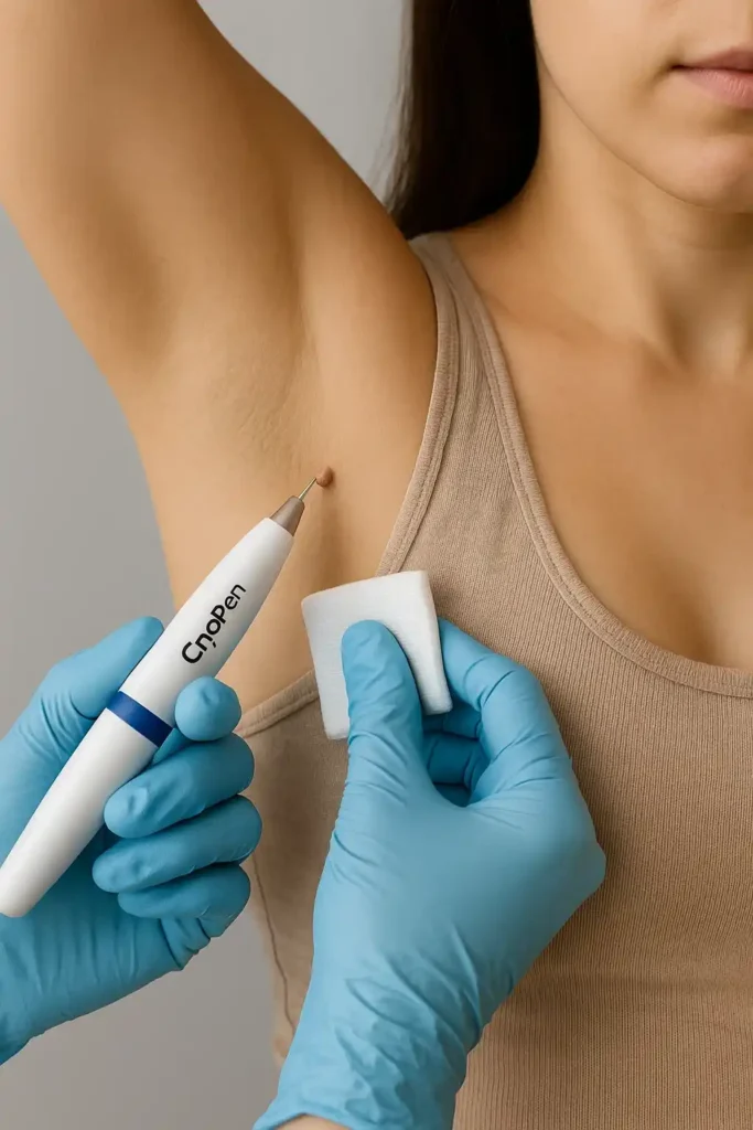 woman having cryopen to remove underarm skin tags Enfield Lock
