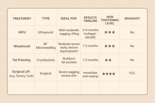 Table showing the comparisons of Skin tightening Enfield Lock treatment options.